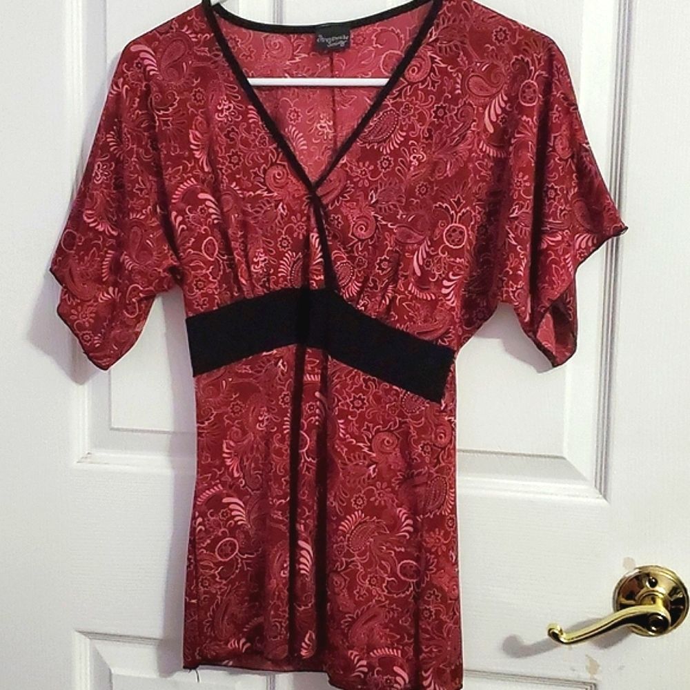 Streetwear Society Retro 90s Burgundy Floral Fitted Kimono Sleeve Babydoll Top S